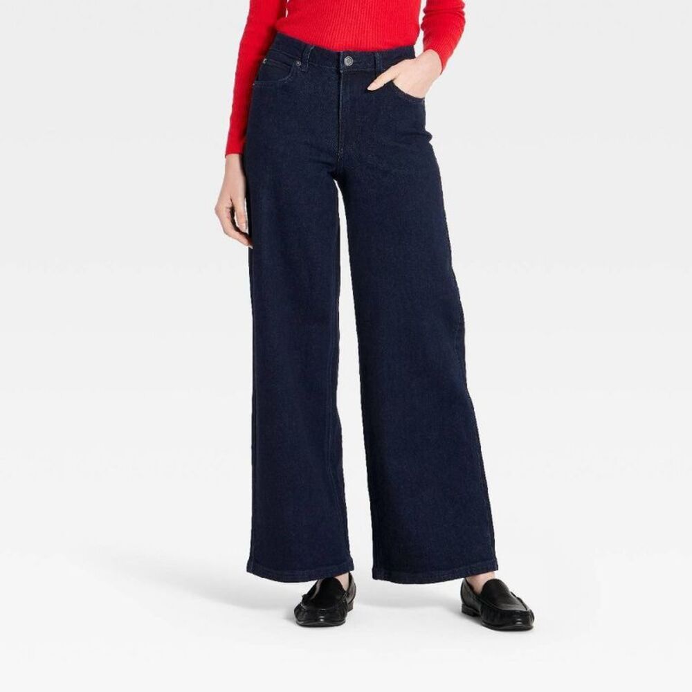 Women's High-Rise Denim Wide Leg Pants - A New Day Indigo 10